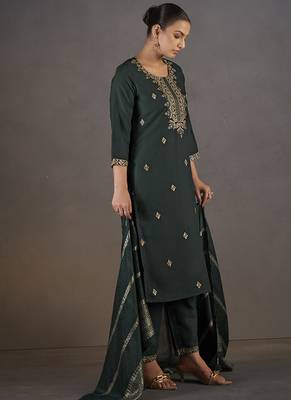 Dark green embroidered with sequined work cotton blend straight kurta set with dupatta for women 3