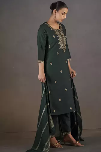 Dark green embroidered with sequined work cotton blend straight kurta set with dupatta for women