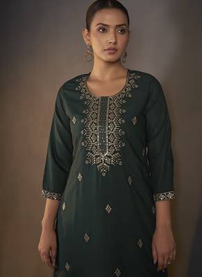 Dark green embroidered with sequined work cotton blend straight kurta set with dupatta for women 4