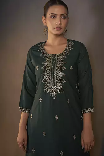 Dark green embroidered with sequined work cotton blend straight kurta set with dupatta for women