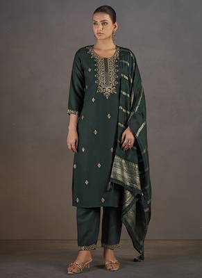 Dark green embroidered with sequined work cotton blend straight kurta set with dupatta for women 5