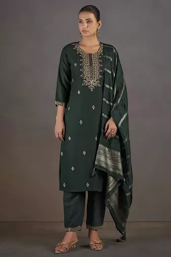 Dark green embroidered with sequined work cotton blend straight kurta set with dupatta for women
