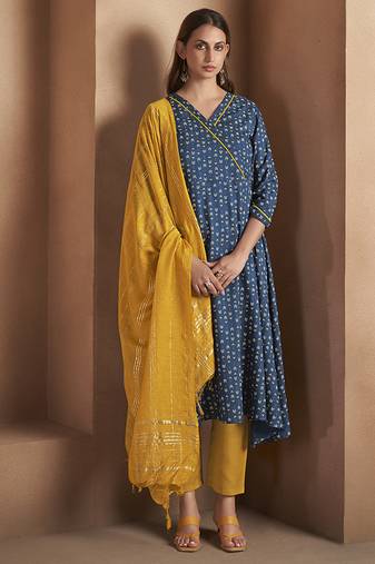 Navy blue printed viscose rayon anarkali kurta set for women