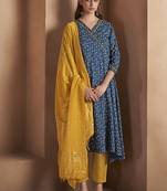 Navy blue printed viscose rayon anarkali kurta set for women