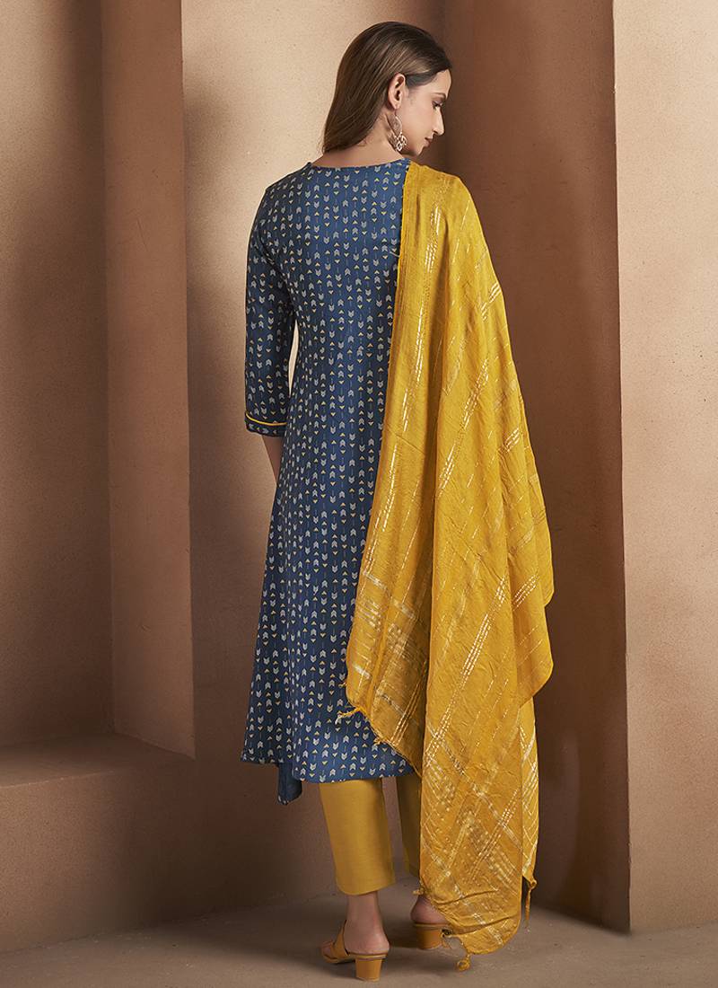 Navy blue printed viscose rayon anarkali kurta set for women