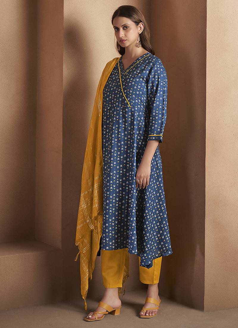 Navy blue printed viscose rayon anarkali kurta set for women