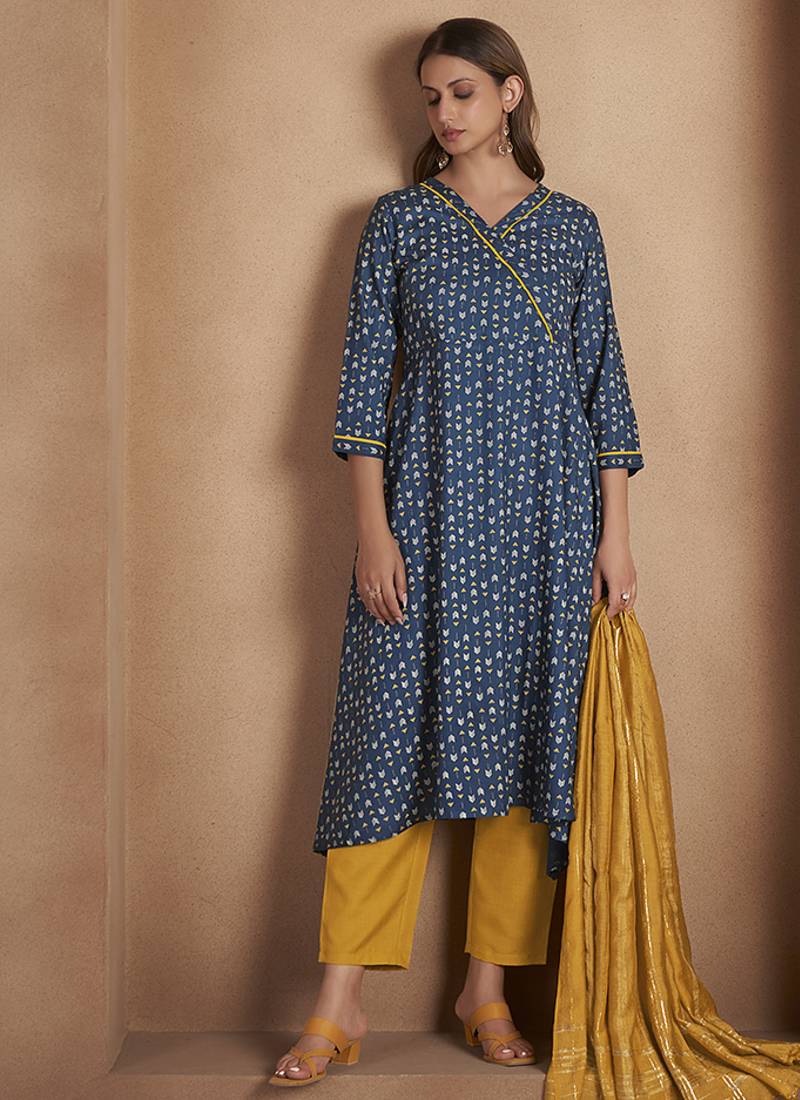 Navy blue printed viscose rayon anarkali kurta set for women