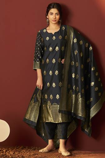 Black jacquard zari work silk blend straight kurta set with dupatta for women
