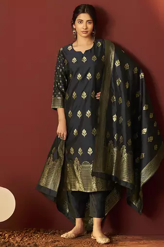 Black jacquard zari work silk blend straight kurta set with dupatta for women