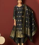 Black jacquard zari work silk blend straight kurta set with dupatta for women