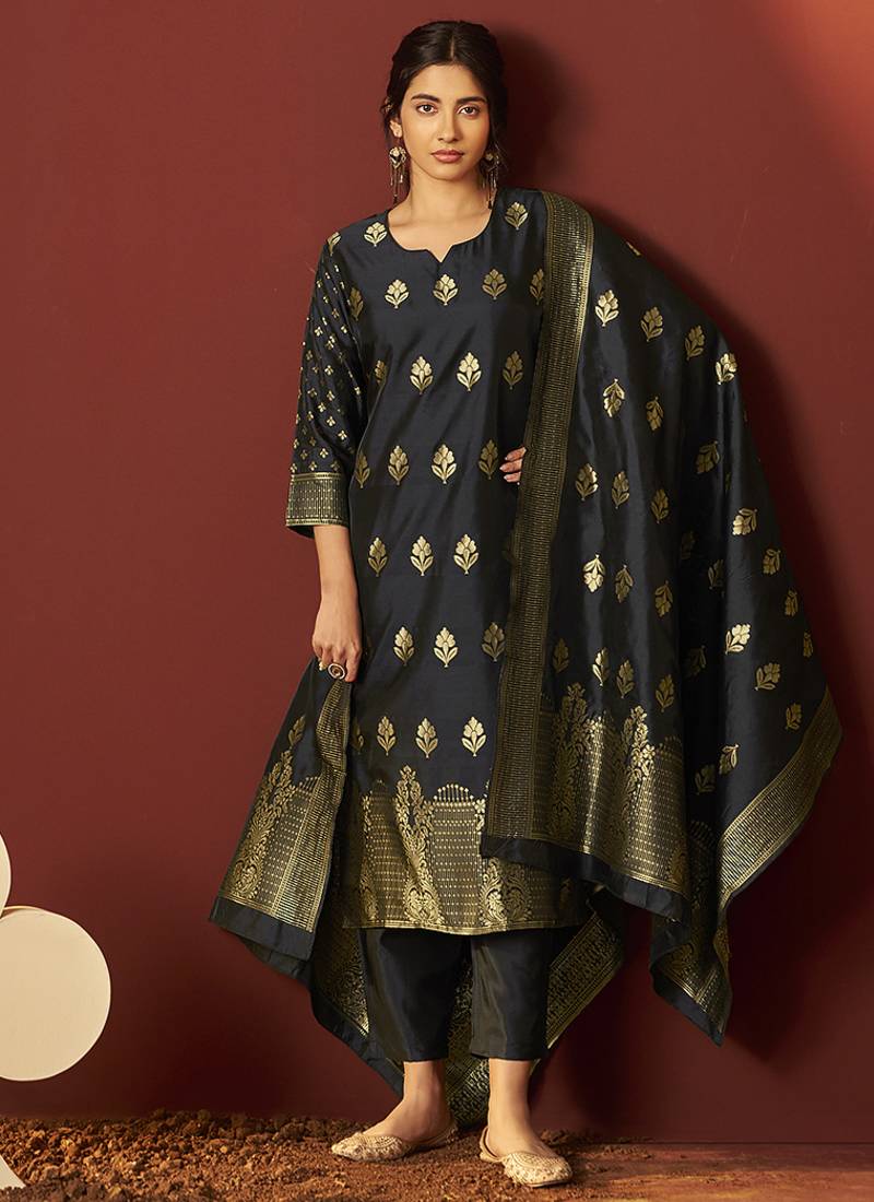 Black jacquard zari work silk blend straight kurta set with dupatta for women