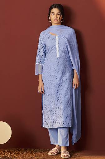Sky blue schiffly with lace work pure cotton straight kurta set with dupatta for women