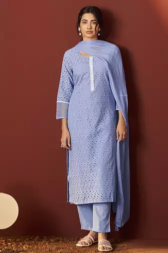 Sky blue schiffly with lace work pure cotton straight kurta set with dupatta for women