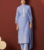 Sky blue schiffly with lace work pure cotton straight kurta set with dupatta for women