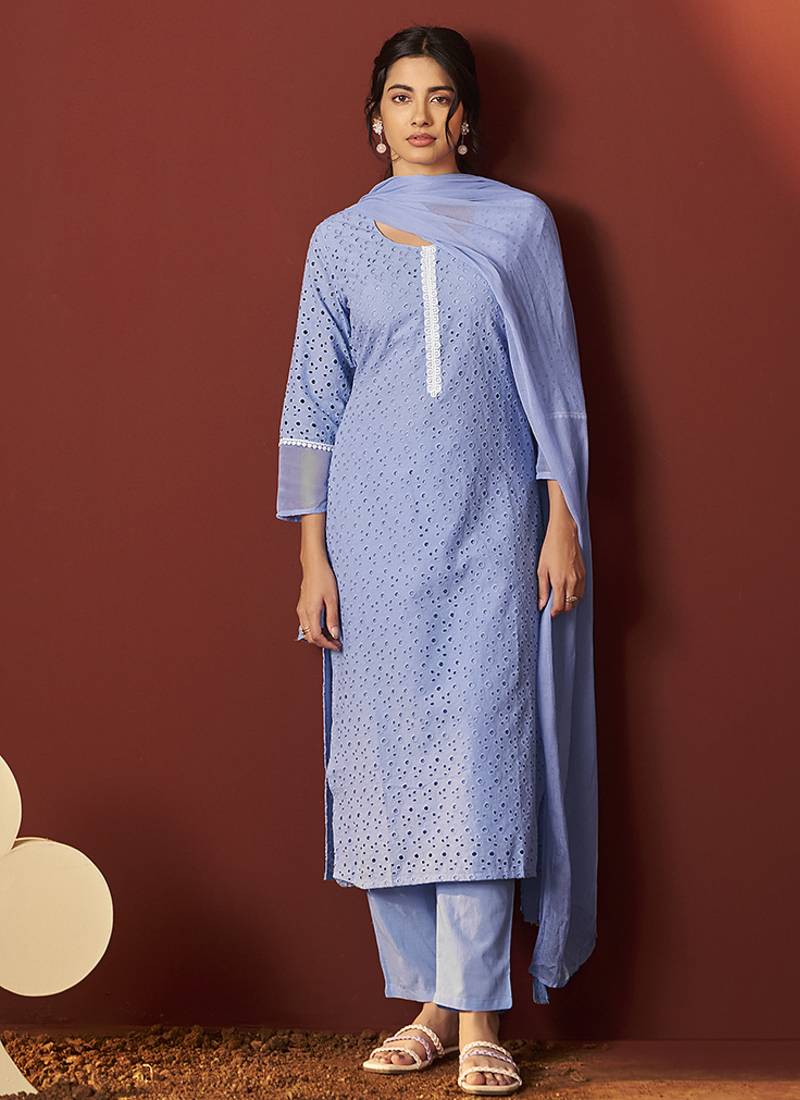 Sky blue schiffly with lace work pure cotton straight kurta set with dupatta for women