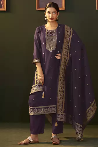 Purple jacquard chanderi straight kurta set with dupatta