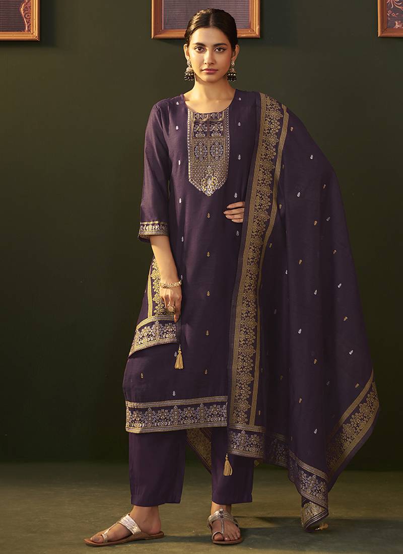 Purple jacquard chanderi straight kurta set with dupatta