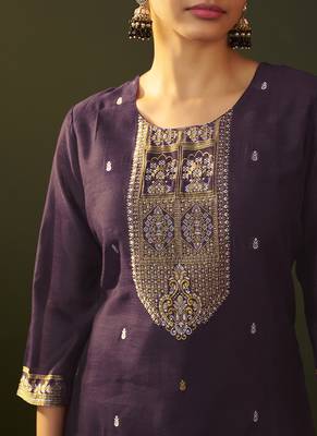 Purple jacquard chanderi straight kurta set with dupatta 5