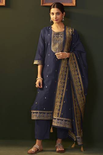 Navy blue jacquard chanderi straight kurta set with dupatta