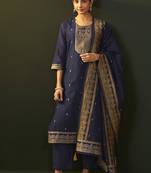 Navy blue jacquard chanderi straight kurta set with dupatta