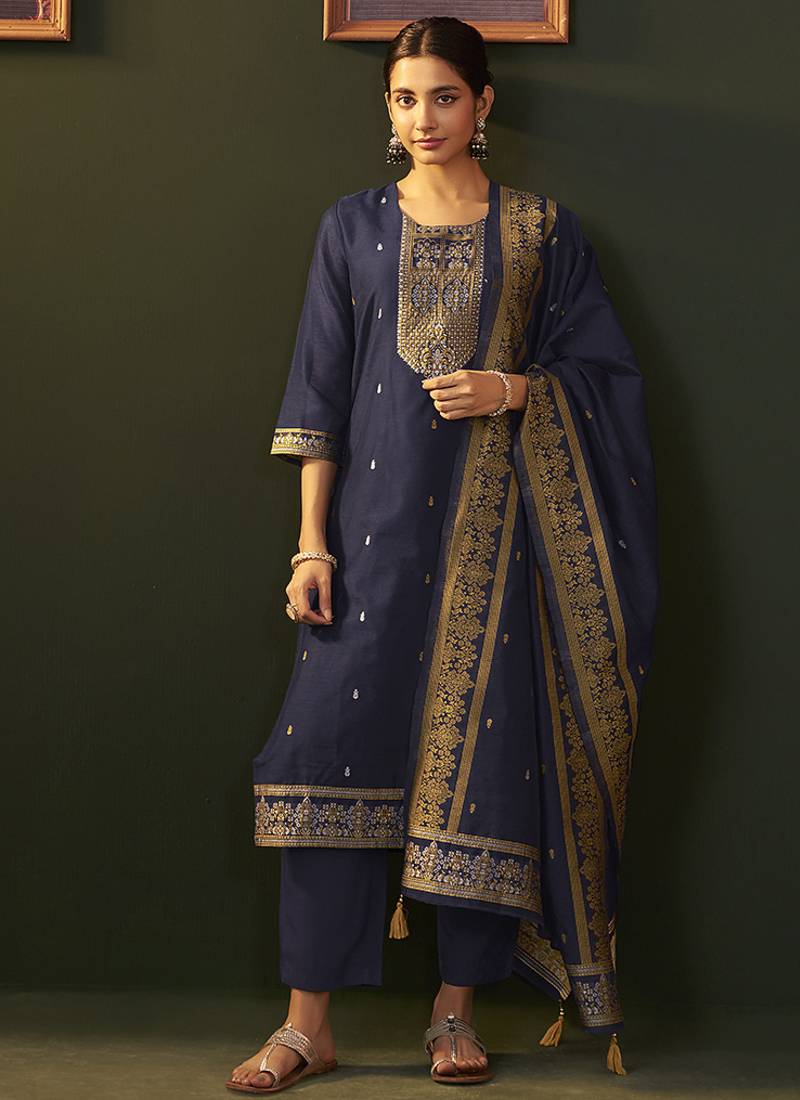 Navy blue jacquard chanderi straight kurta set with dupatta