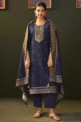 Navy blue jacquard chanderi straight kurta set with dupatta