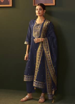Navy blue jacquard chanderi straight kurta set with dupatta 3