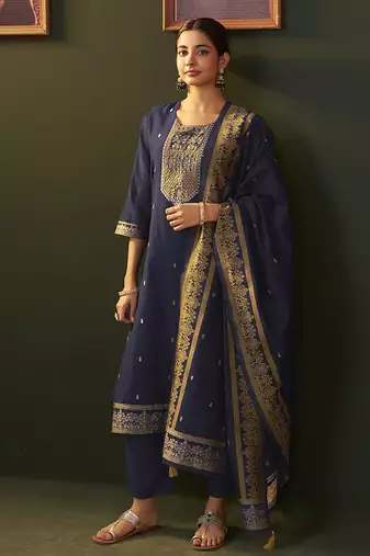Navy blue jacquard chanderi straight kurta set with dupatta