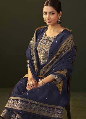 Navy blue jacquard chanderi straight kurta set with dupatta 4
