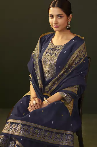 Navy blue jacquard chanderi straight kurta set with dupatta