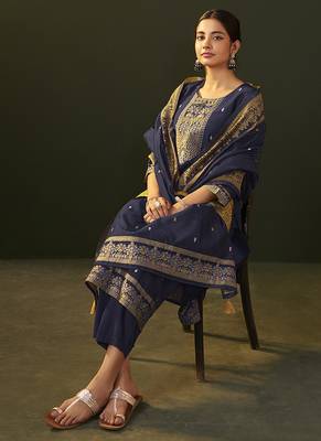 Navy blue jacquard chanderi straight kurta set with dupatta 5