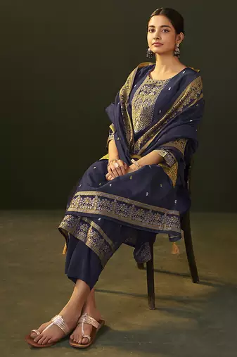 Navy blue jacquard chanderi straight kurta set with dupatta