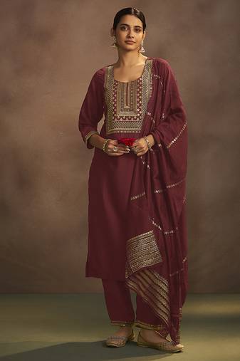Maroon embroidered chinnon straight kurta set with dupatta