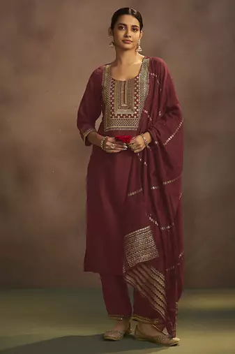 Maroon embroidered chinnon straight kurta set with dupatta