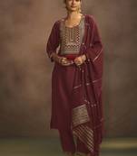 Maroon embroidered chinnon straight kurta set with dupatta