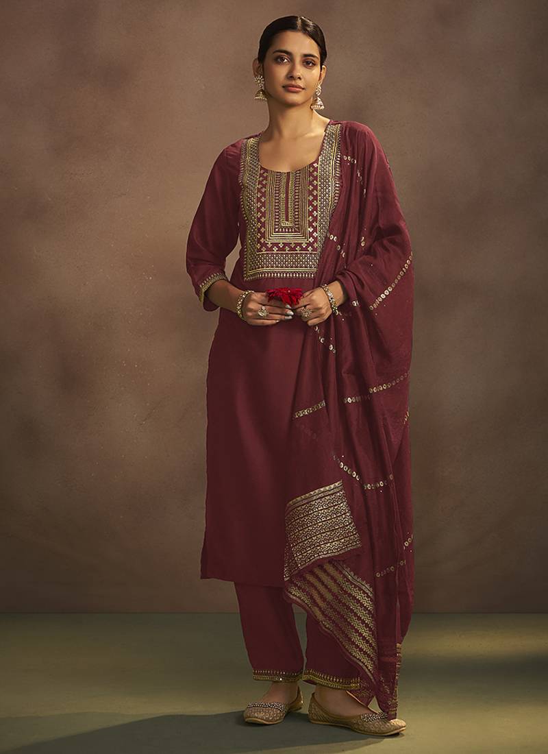 Maroon embroidered chinnon straight kurta set with dupatta