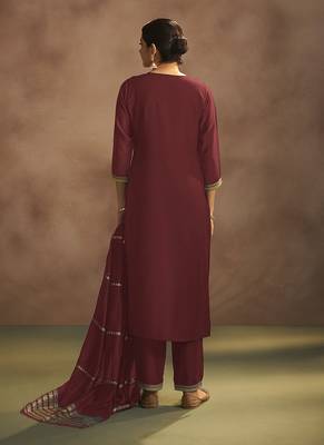 Maroon embroidered chinnon straight kurta set with dupatta 2