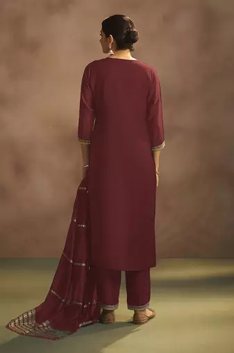 Maroon embroidered chinnon straight kurta set with dupatta
