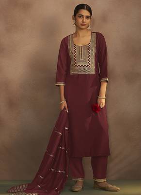 Maroon embroidered chinnon straight kurta set with dupatta 3