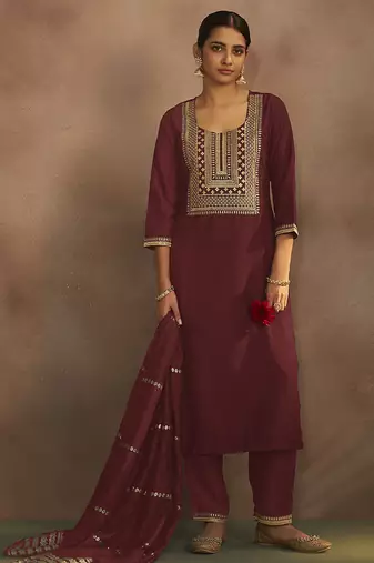 Maroon embroidered chinnon straight kurta set with dupatta