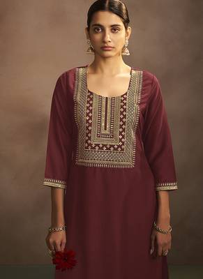 Maroon embroidered chinnon straight kurta set with dupatta 4
