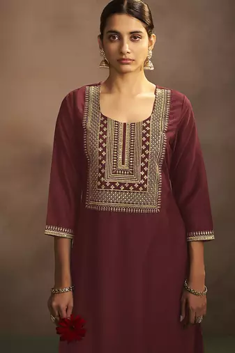 Maroon embroidered chinnon straight kurta set with dupatta