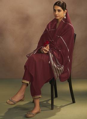 Maroon embroidered chinnon straight kurta set with dupatta 5