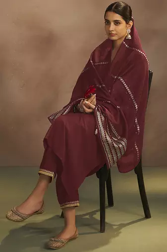 Maroon embroidered chinnon straight kurta set with dupatta