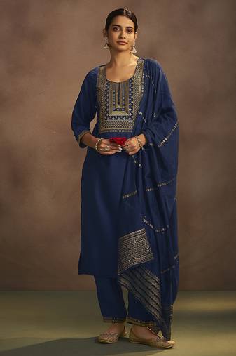 Navy blue embroidered chinnon straight kurta set with dupatta