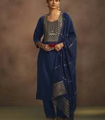 Navy blue embroidered chinnon straight kurta set with dupatta