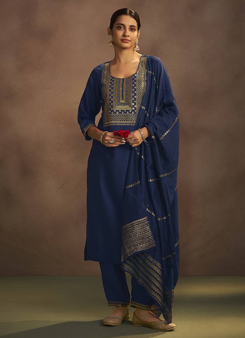 Navy blue embroidered chinnon straight kurta set with dupatta