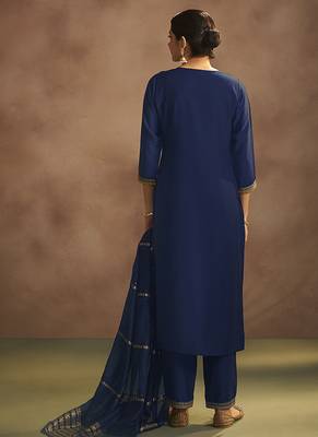 Navy blue embroidered chinnon straight kurta set with dupatta 2