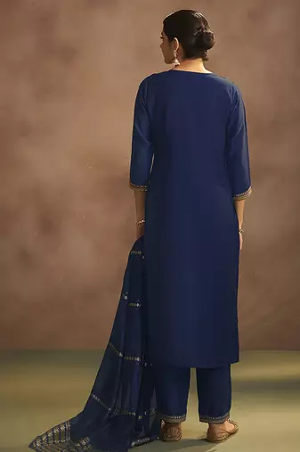 Navy blue embroidered chinnon straight kurta set with dupatta