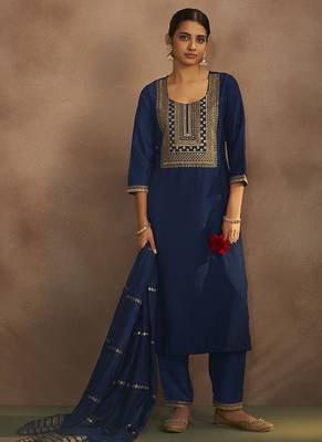 Navy blue embroidered chinnon straight kurta set with dupatta 3